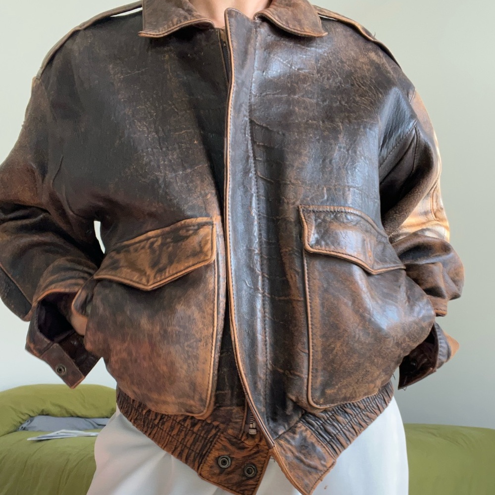 Vintage Brown Leather Bomber Jacket